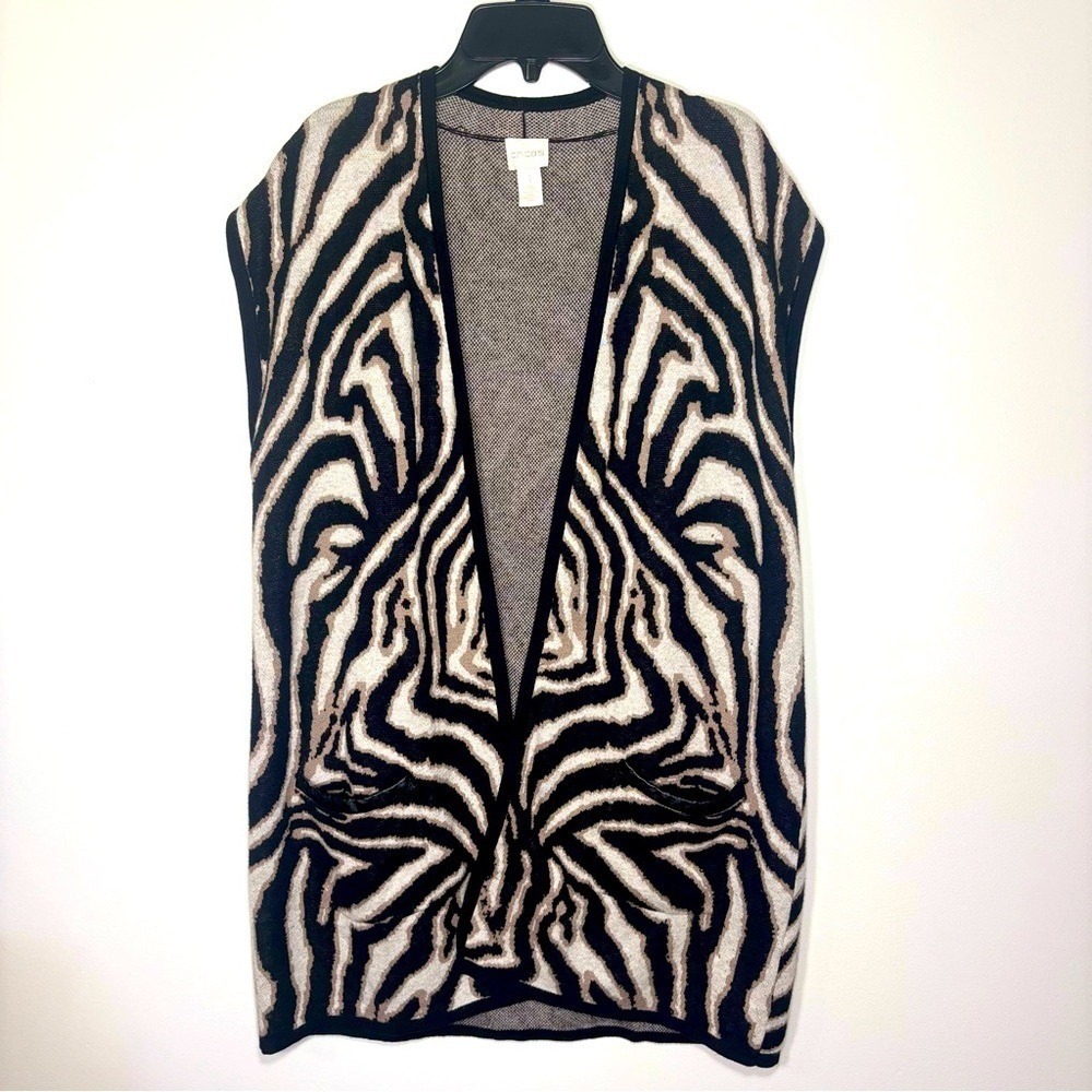 Chicos Zebra‎ Print Sleeveless Knit Cardigan Vest Size 1 Pockets
